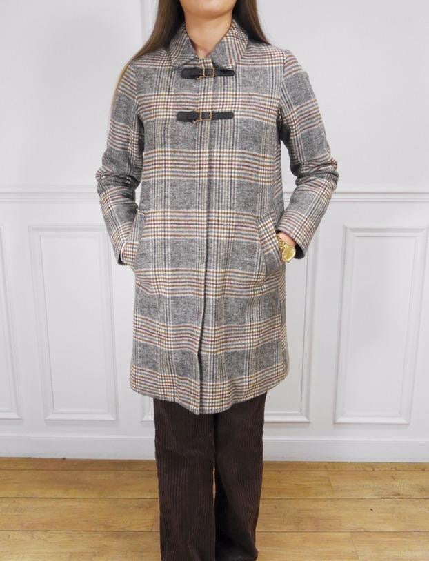 Duffle Coat Chaud à Carreaux Laine Mélangée et Brandebourgs pour Femme