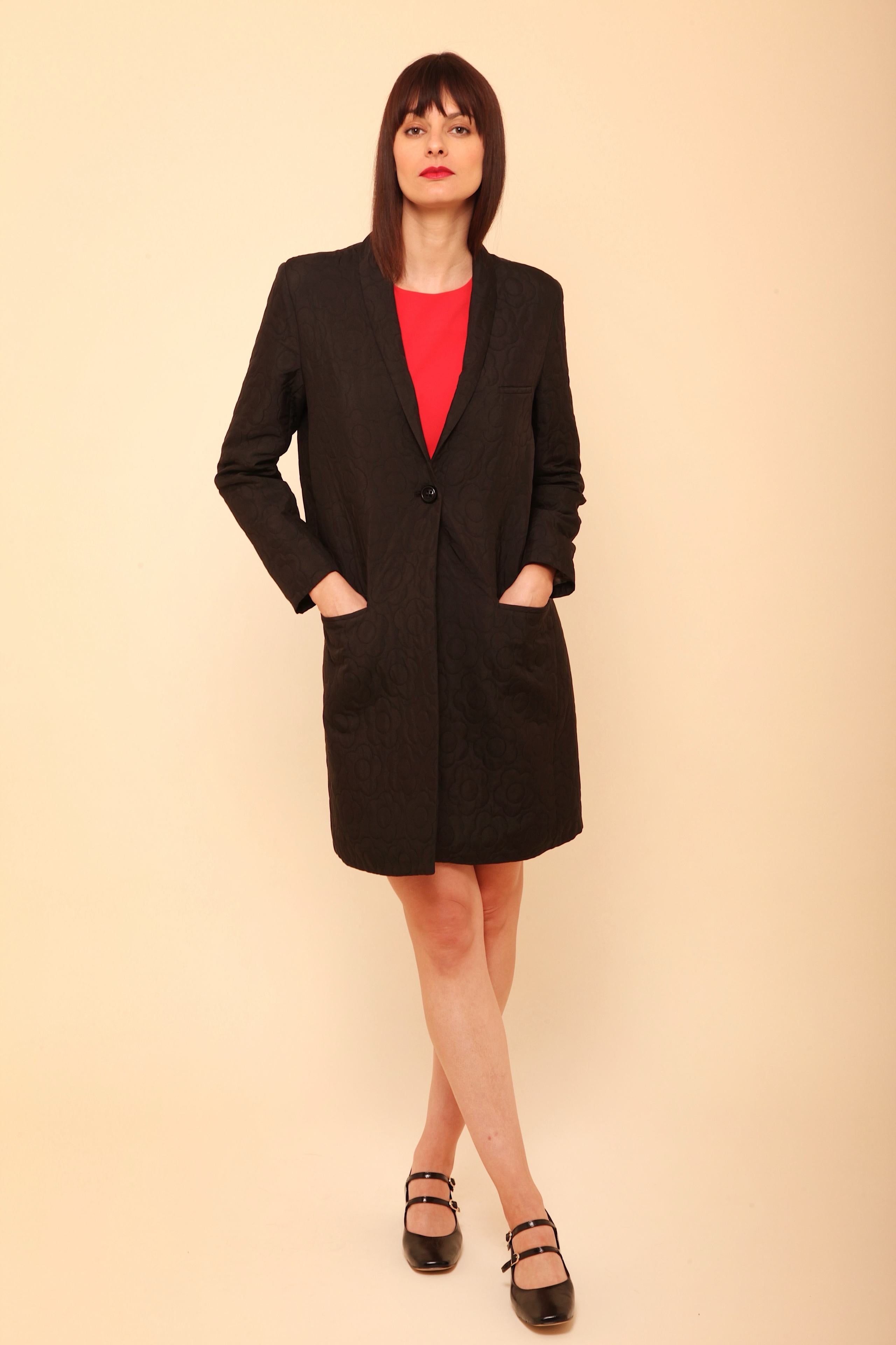 Manteau Long Matelassé Femme Noir/Écru | Coupe Blazer Tissu Texturé Chic
