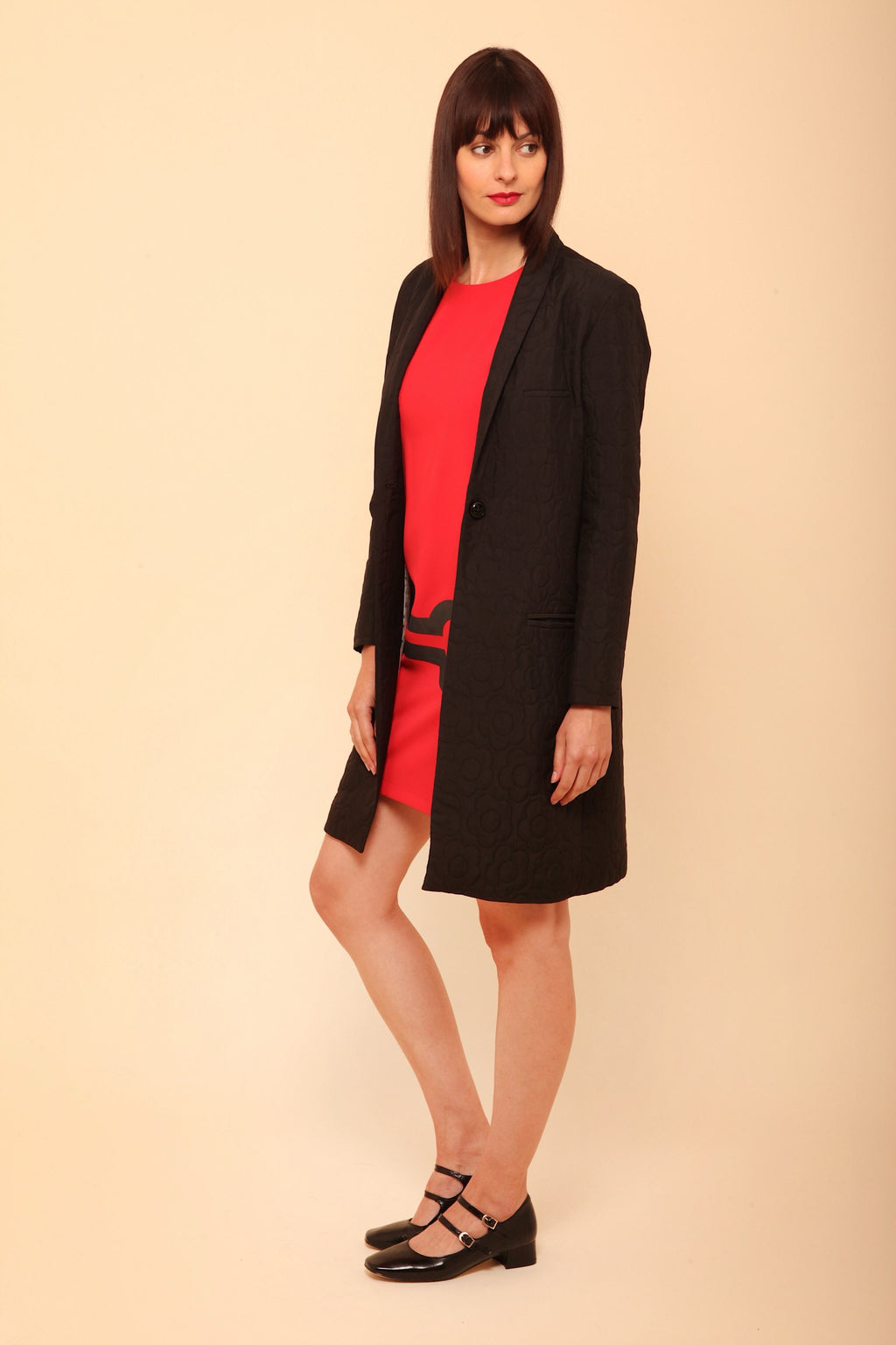 Manteau Long Matelassé Femme Noir/Écru | Coupe Blazer Tissu Texturé Chic