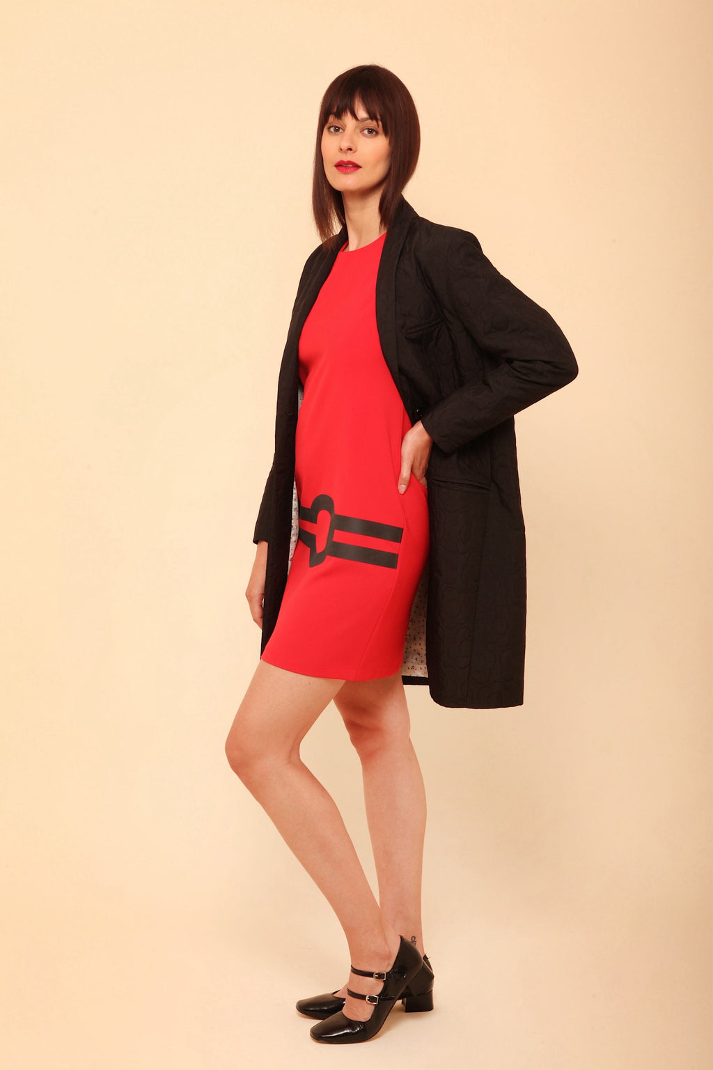 Manteau Long Matelassé Femme Noir/Écru | Coupe Blazer Tissu Texturé Chic