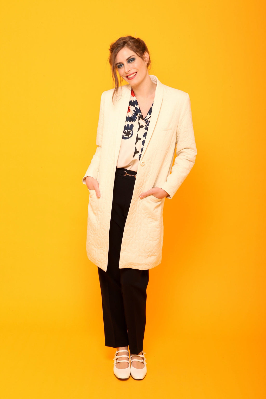 Manteau Long Matelassé Femme Noir/Écru | Coupe Blazer Tissu Texturé Chic