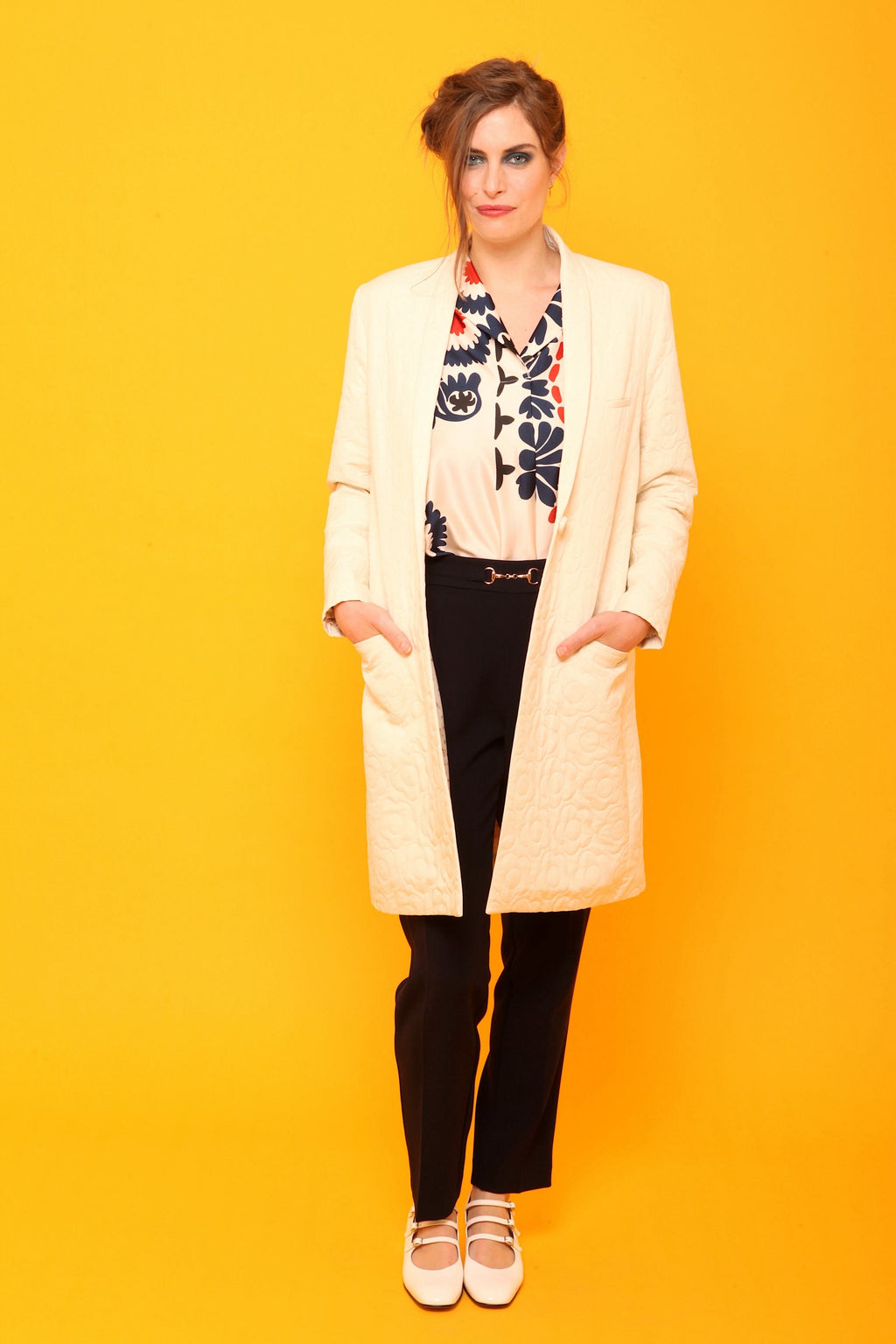 Manteau Long Matelassé Femme Noir/Écru | Coupe Blazer Tissu Texturé Chic