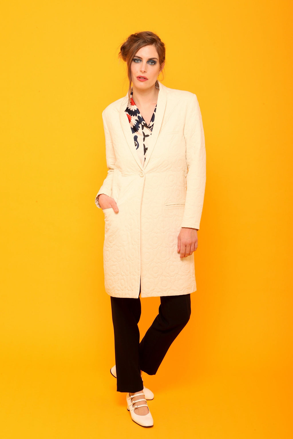 Manteau Long Matelassé Femme Noir/Écru | Coupe Blazer Tissu Texturé Chic